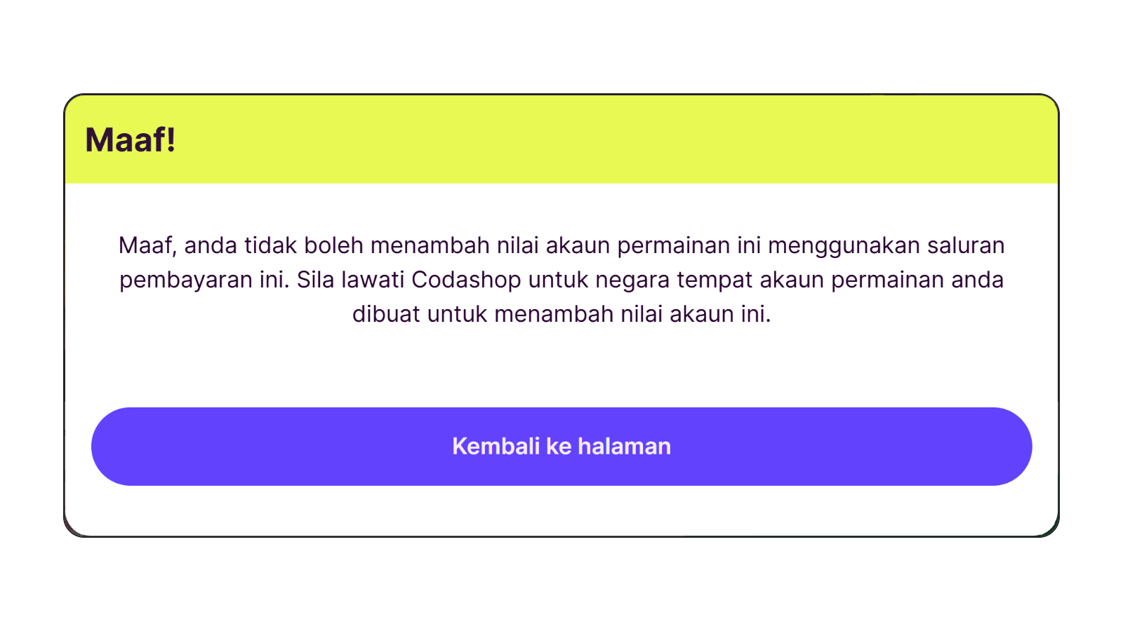 Mesej ralat yang dipaparkan apabila pengisian semula Mobile Legends gagal disebabkan rantau pelayan tidak sepadan.